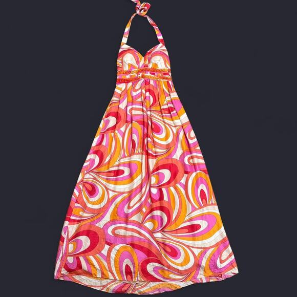 VTG Y2K OC OC By Oleg Cassini Pink & Orange Retro Silk Beaded Maxi Halter Dress - Picture 5 of 7